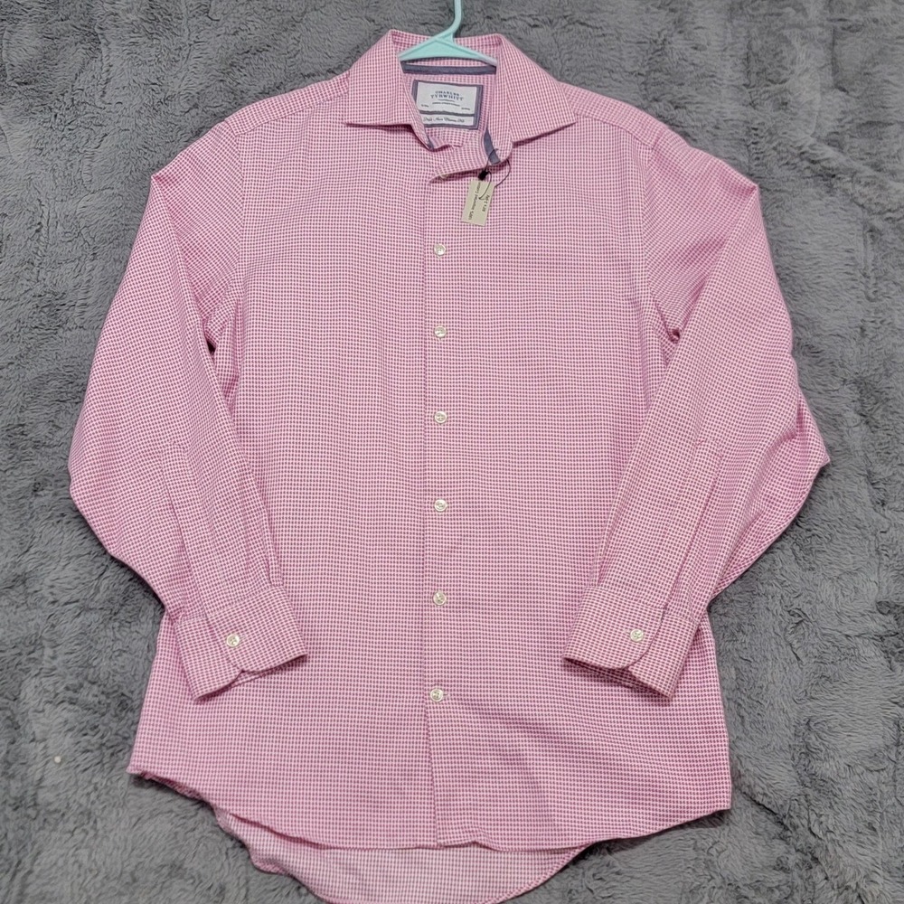 Charles Tyrwhitt Shirt Mens 15 32/33 Pink Houndstooth Non Iron Classic OCBD